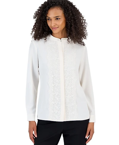 Anne Klein Petite Flutter Long-Sleeve Collared Lace Placket Blouse