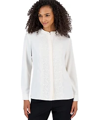 Anne Klein Petite Flutter Long-Sleeve Collared Lace Placket Blouse