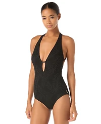 Vince Camuto Women's Plunge V-Neck Crochet Ruched One-Piece Swimsuit