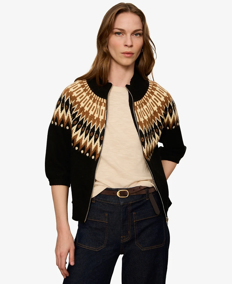 Sanctuary Petite Fair Isle Mock Neck Short-Sleeve Zip-Up Cardigan