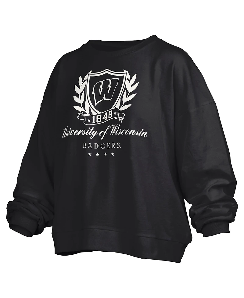 Pressbox Women's Wisconsin Badgers Big Aug Script Janice Oversized Cropped Graphic Crewneck Pullover Sweatshirt