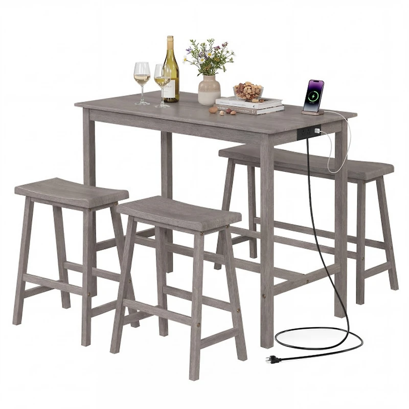Sugift 4 Piece Counter Height Dining Table Set with Power Outlets Bench and 2 Saddle Stools