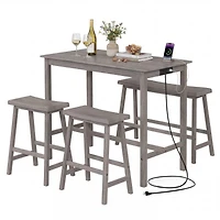 Sugift 4 Piece Counter Height Dining Table Set with Power Outlets Bench and 2 Saddle Stools