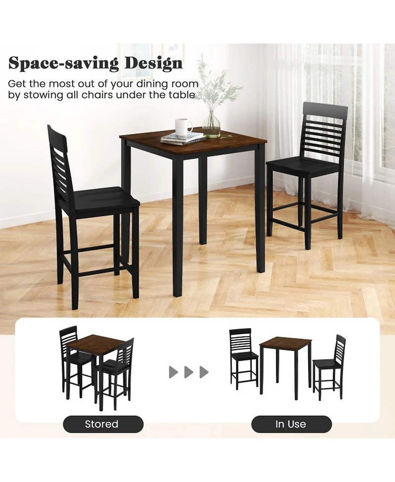 Sugift 3 Piece Counter Height Dining Table Set for 2 with Rubber Wood Frames and Built In Footrests