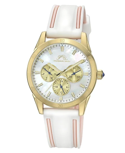 Porsamo Bleu Women's Georgie Multifunction Pink and White Silicone Strap Gold Tone Mother Of Pearl Dial Watch 39 mm
