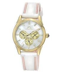 Porsamo Bleu Women's Georgie Multifunction Pink and White Silicone Strap Gold Tone Mother Of Pearl Dial Watch 39 mm