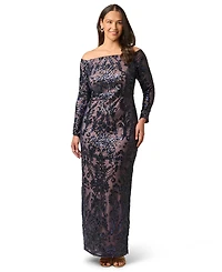 Adrianna Papell Plus Sequin Off-the-Shoulder Gown