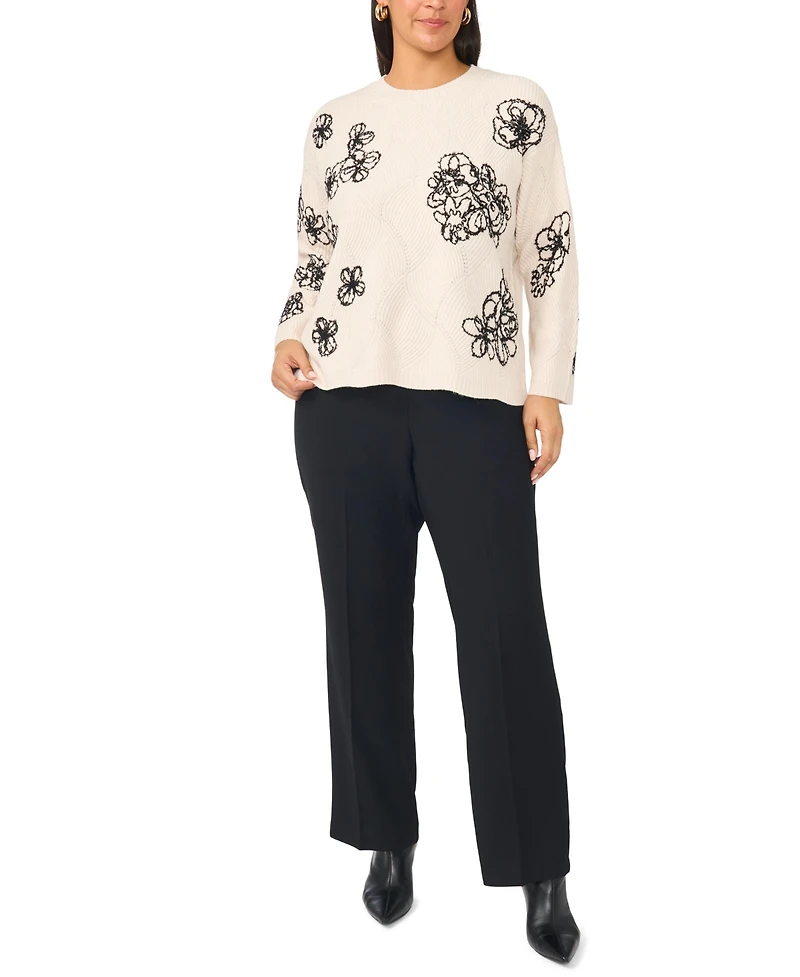 Vince Camuto Plus Floral-Embroidered Long-Sleeve Crewneck Sweater