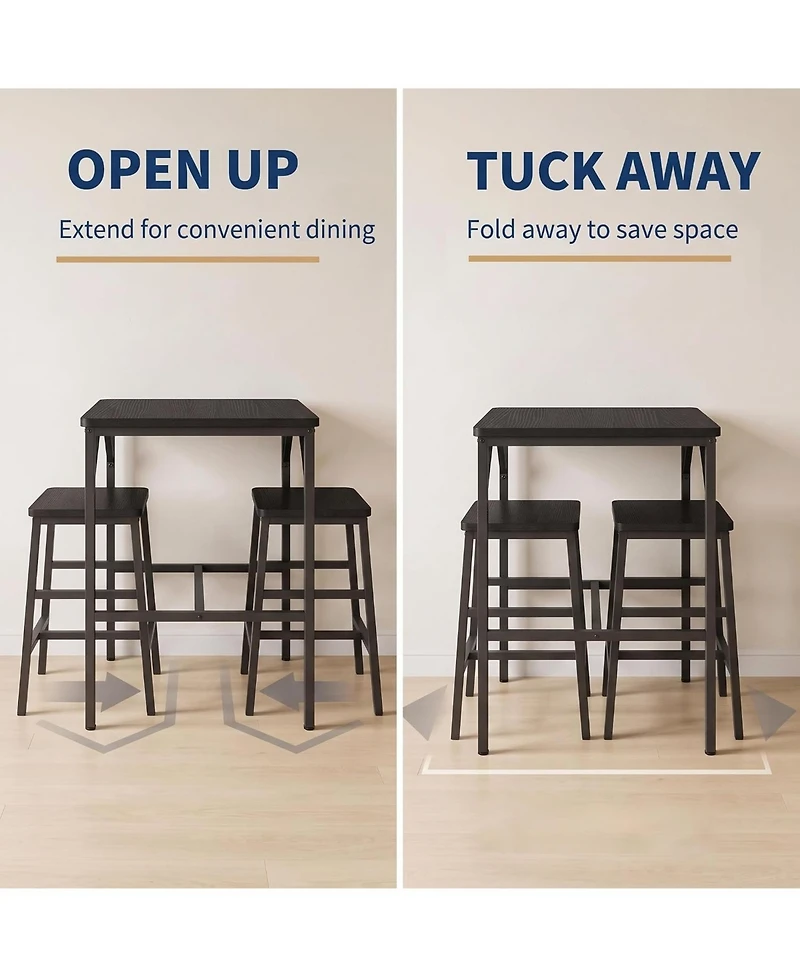 homfan Space-Saving 3-Piece Dining Table Set for 2 - Square High Top with Stools, Compact Bistro Apartments and Small Space