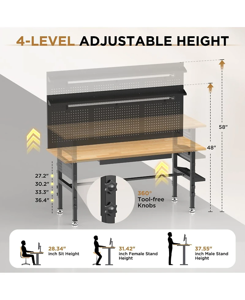 Streamdale 60" Workbench with Solid Wood Top, Drawers, Power Outlet, and Led Light