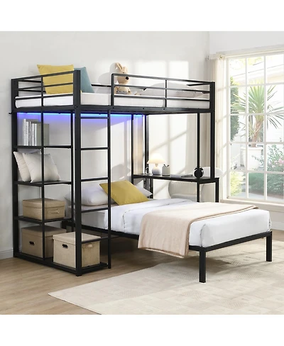 Streamdale Furniture Metal Loft Bed with Led, Desk and Shelves, Twin Size