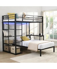 Streamdale Furniture Metal Loft Bed with Led, Desk and Shelves, Twin Size