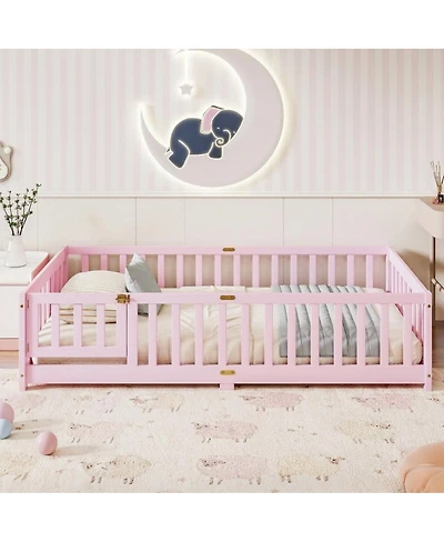 Streamdale Furniture Twin Size Wood Floor Bed with Fence and Door