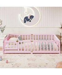 Streamdale Furniture Twin Size Wood Floor Bed with Fence and Door