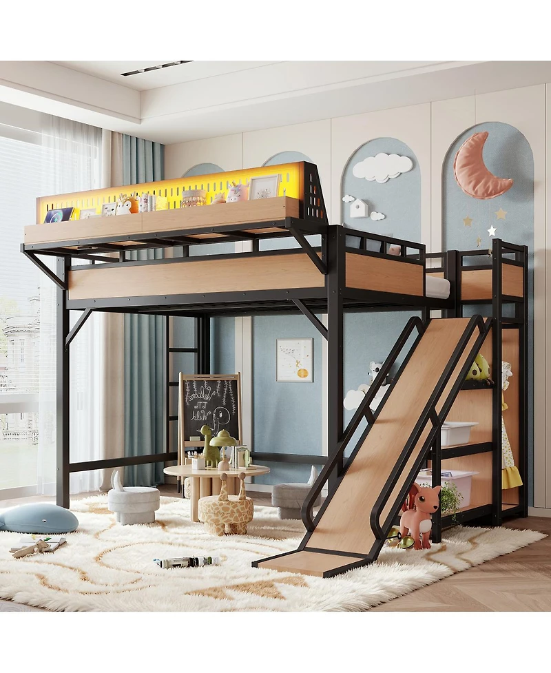 Streamdale Furniture Full Size Metal Loft Bed with Slide, Wardrobe, Usb, Led and Pegboard