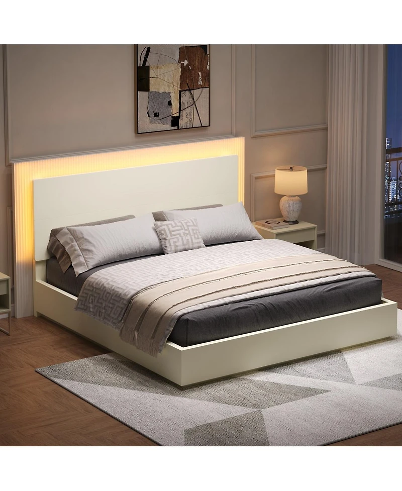 Streamdale Furniture Platform Bed Frame with Headboard and Led Light, Wood Slat Support,King