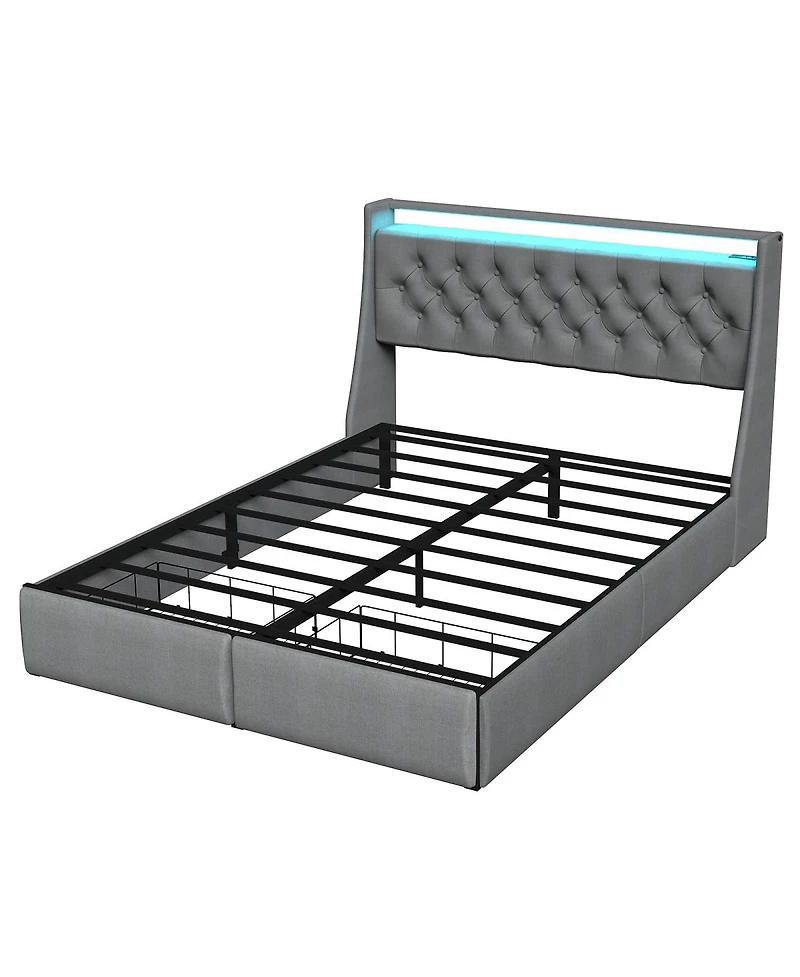 Streamdale Furniture Led Tufted Linen Platform Bed Frame with Drawers and Usb Charging