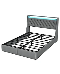 Streamdale Furniture Led Tufted Linen Platform Bed Frame with Drawers and Usb Charging