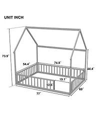Streamdale Furniture Full Size House Floor Bed with Roof, Guardrails