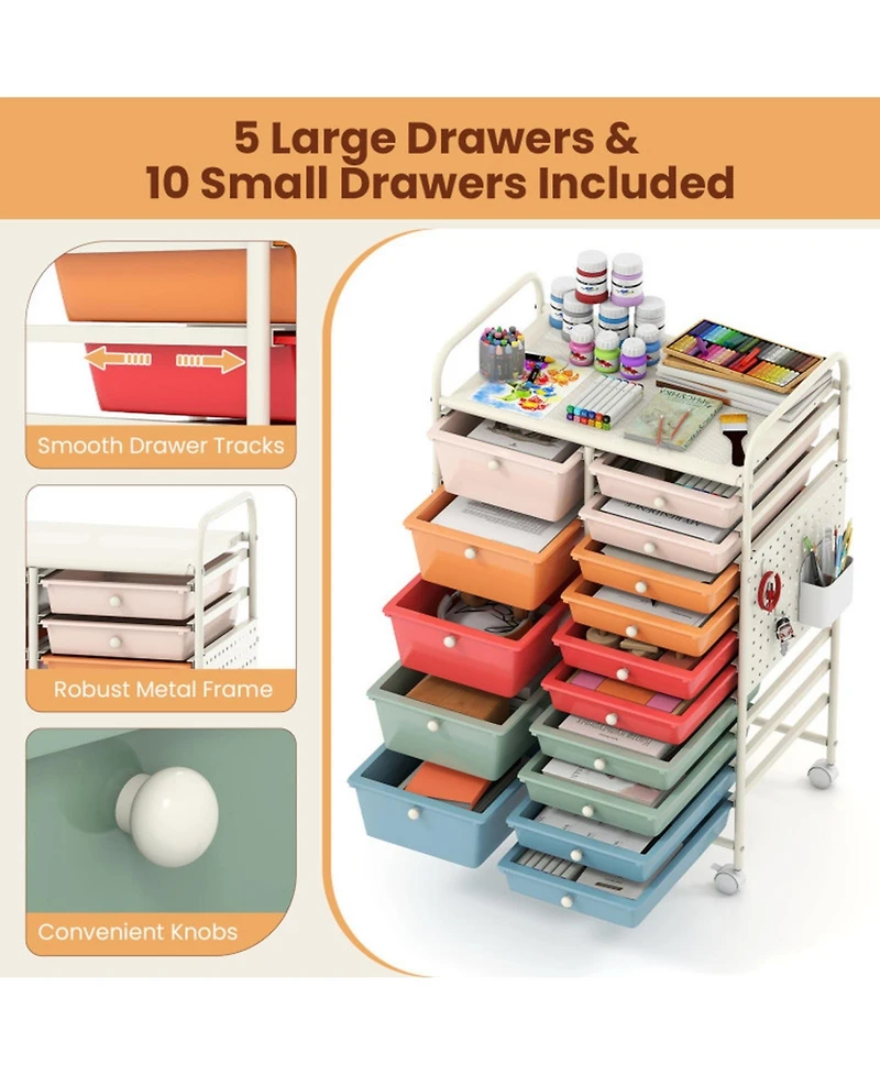 Sugift 15-Drawer Rolling Storage Cart with Metal Tabletop and Pegboard Mobile Craft Organizer