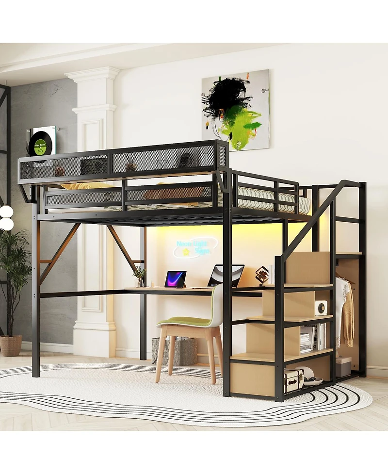 Streamdale Furniture Queen Loft Bed with Desk, Charging Station, Stairs, and Light