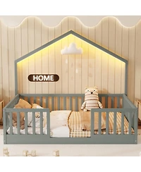 Streamdale Furniture Wooden Floor Bed with High Rails and Light for Kids