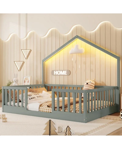 Streamdale Furniture Wooden Floor Bed with High Rails and Light for Kids