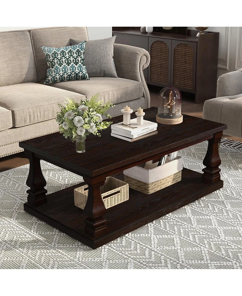Streamdale Furniture Farmhouse 46" Wood Coffee Table with Storage Shelf, Espresso