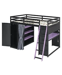Streamdale Furniture Wood Full Loft Bed with Wardrobe, Shelves, Curtains and Rgb Lights
