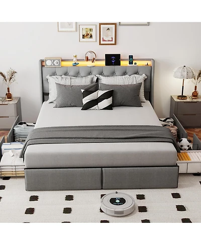 Streamdale Furniture Full Size Metal Bed Frame with Led Storage Headboard and 4 Drawers