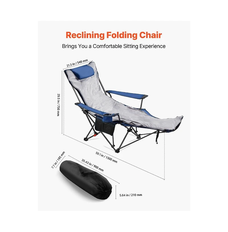 Slickblue Portable Reclining Camping Chair with Cushion, Adjustable Folding Beach Chair with Footrest