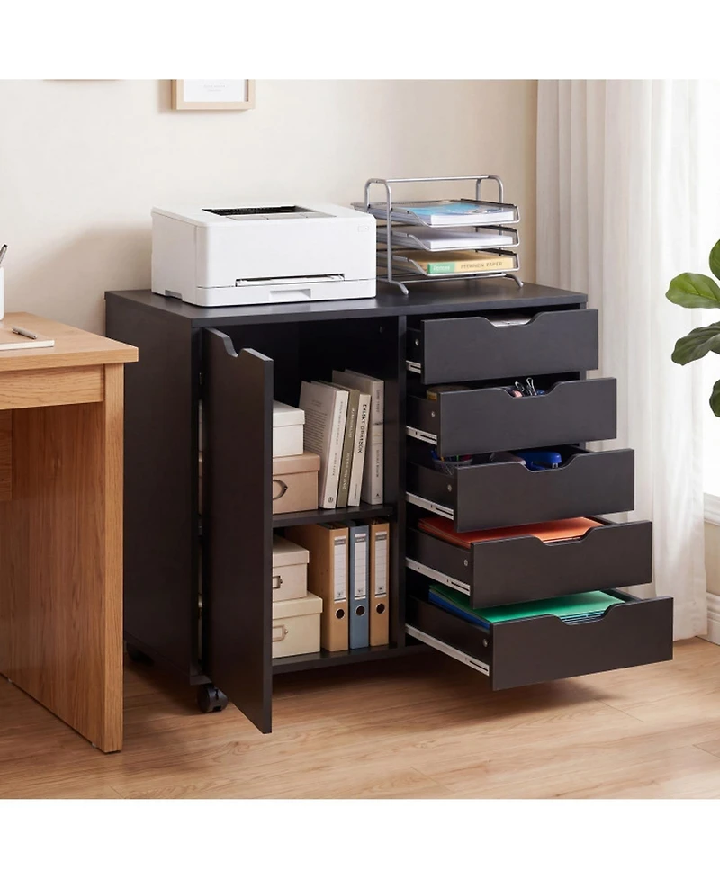 Sugift 5-Drawer Mobile Storage Cabinet on Wheels with Adjustable Shelf and Door Cabinet