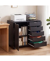 Sugift 5-Drawer Mobile Storage Cabinet on Wheels with Adjustable Shelf and Door Cabinet