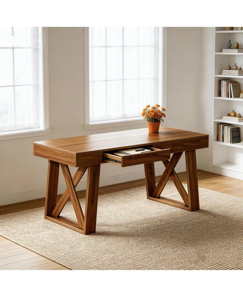 Tribesigns 55 Inches Walnut Computer Desk with Drawer, Mid-Century Farmhouse Executive Desk, Rustic Wide Desktop Home Office Desk for Workstation