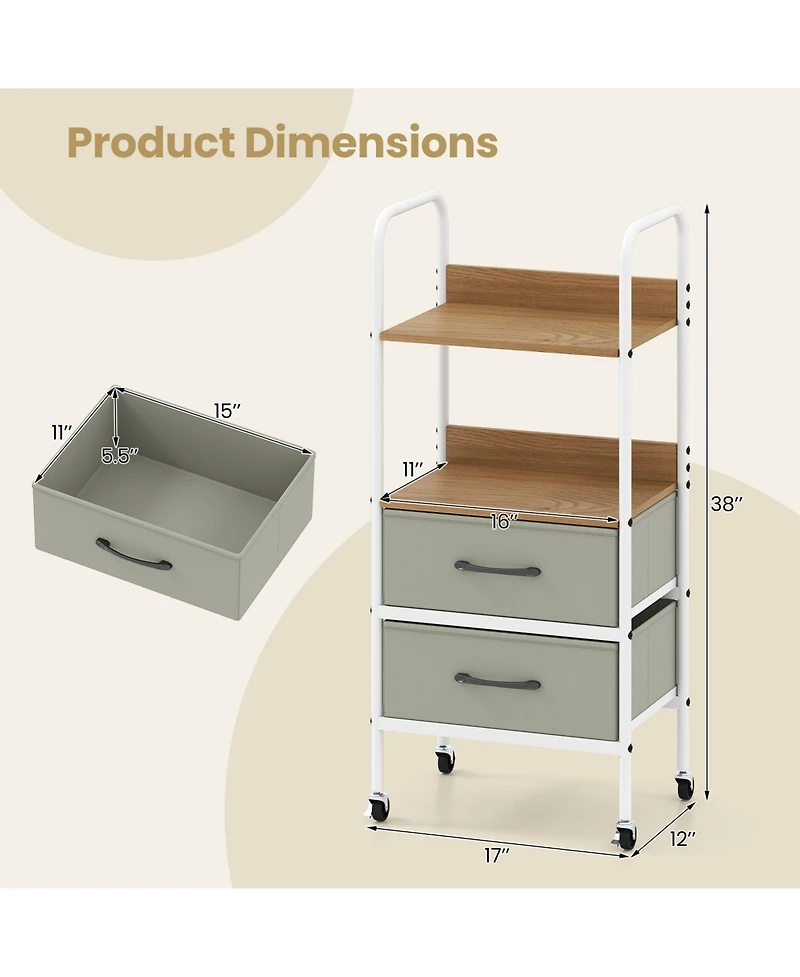 Mecale Rolling Utility Cart with Open Shelves and Fabric Drawers