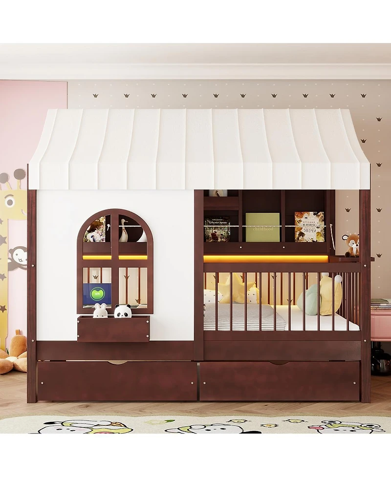 Streamdale Furniture Twin House Bed with Drawers, Led Bookshelf