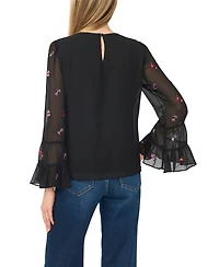 CeCe Women's Beaded Long-Sleeve Double Ruffle Cuff with Shirred Neck Blouse