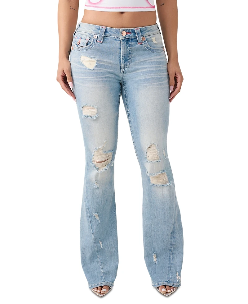 True Religion Women's Joey Mid-Rise Flare Big T Flap Jeans