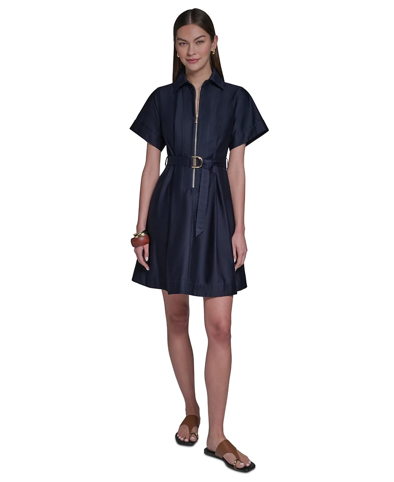 Halston Women's Collared Zip-Front Midi Shirt Dress