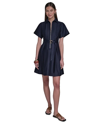 Halston Women's Collared Zip-Front Midi Shirt Dress