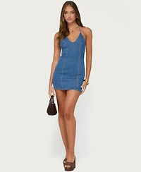 Edikted Women's Sybil Halter Neck Mini Open Back Denim Dress