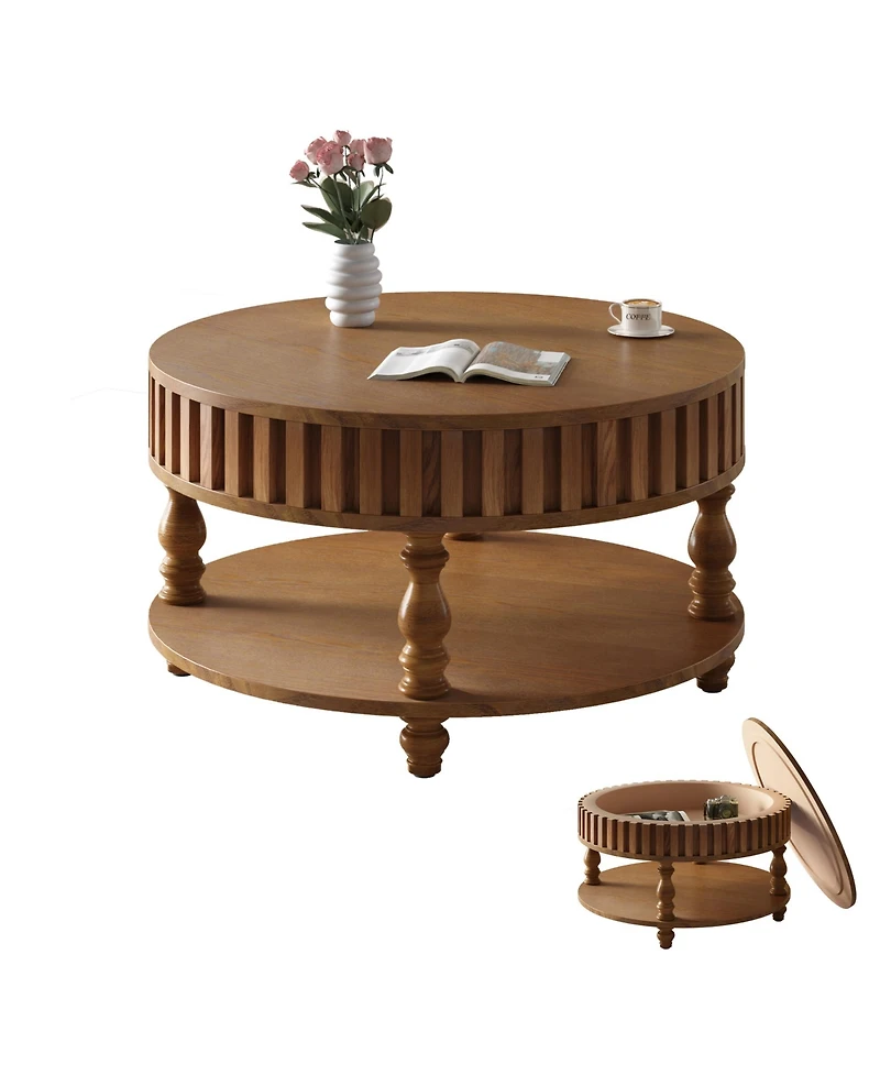Rainsken 31.5" Farmhouse Coffee Table, 2-Tier Wood Center Table with Storage, Flip-Top Lids and Fluted Trim for Living Room, Apartment Office
