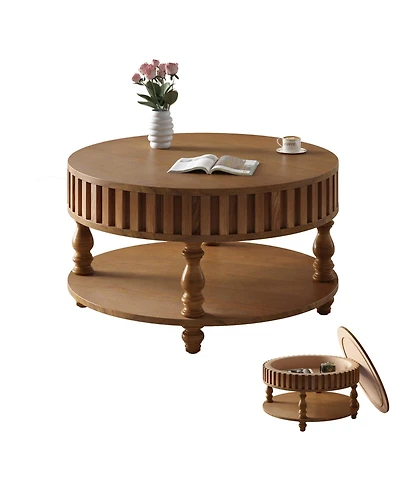 Rainsken 31.5" Farmhouse Coffee Table, 2-Tier Wood Center Table with Storage, Flip-Top Lids and Fluted Trim for Living Room, Apartment Office