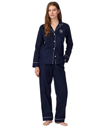Lauren Ralph Women's Long-Sleeve Notch-Collar Cotton Pajama Set