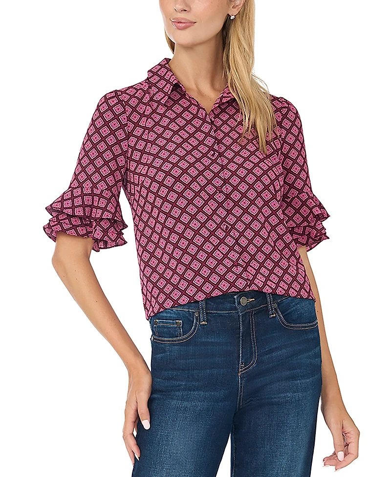 CeCe Women's Collared Button Up With Ruffle Sleeve Opening Geometric-Print Blouse