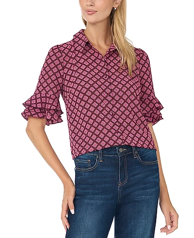 CeCe Women's Collared Button Up With Ruffle Sleeve Opening Geometric-Print Blouse