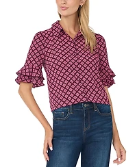 CeCe Women's Collared Button Up With Ruffle Sleeve Opening Geometric-Print Blouse
