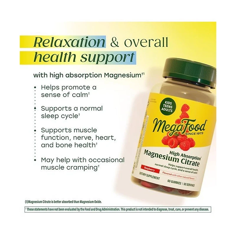 MegaFood Magnesium Citrate Gummies, For Adults, Teens and Kids 4+, 60 Raspberry Gummies