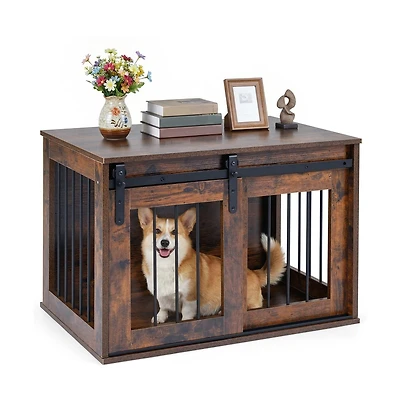Ruie Dog Crate Furniture 31.5 in Wooden Pet Kennel End Table with Sliding Barn Door
