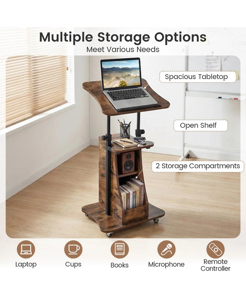Gouun Mobile Podium Stand with Tilting Tabletop and Storage Compartments